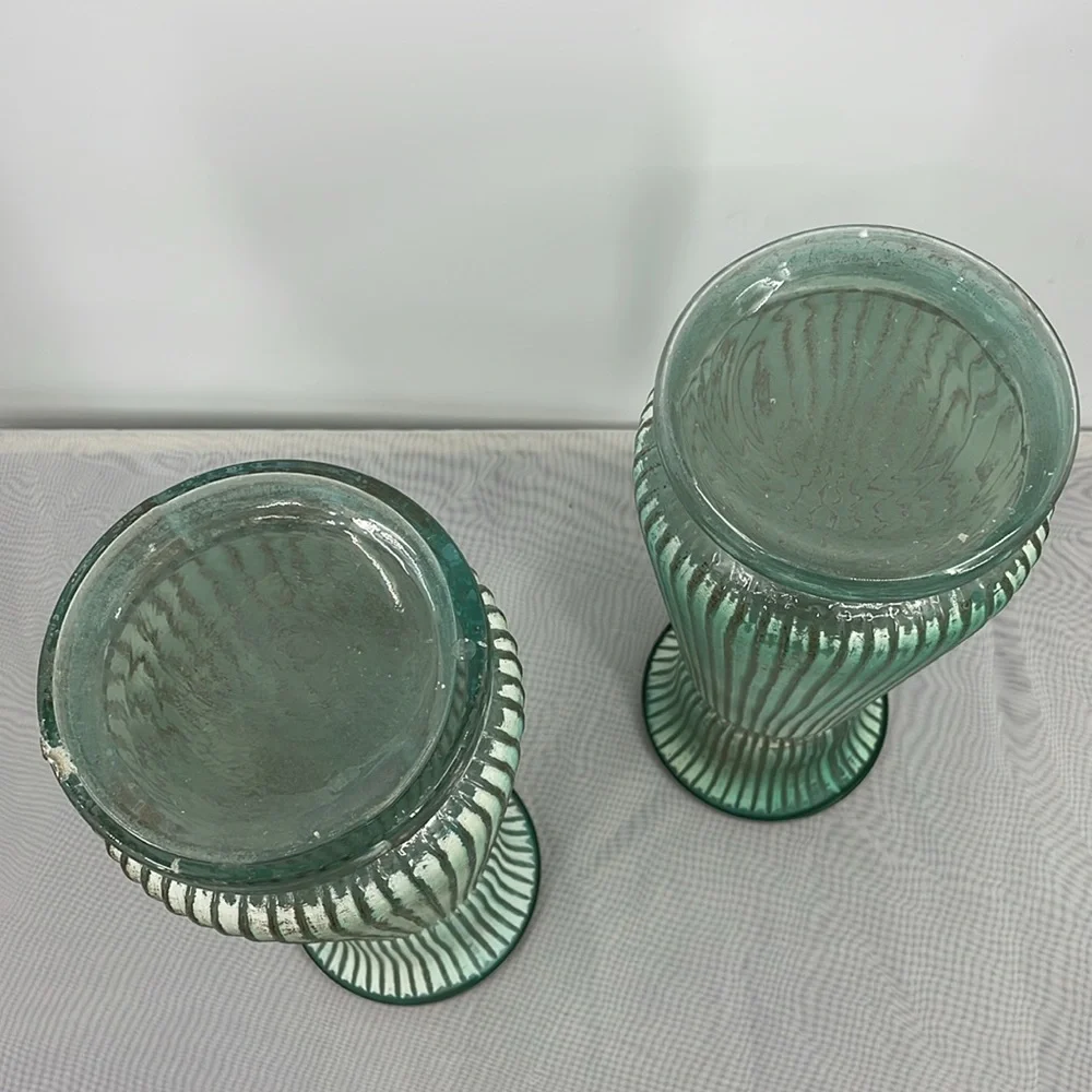Pier 1 Imports Ribbed Green Glass Vases with Bronze Trim Set of 2
